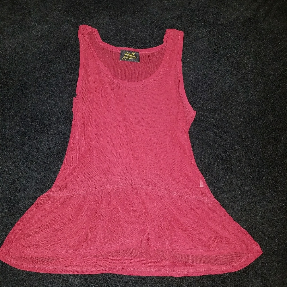 Red sheer sleeveless peplum blouse